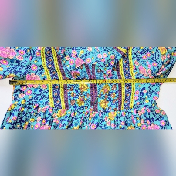 Emery Rose Colorful Floral Boho Lantern Sleeve Relaxed Tiered Smock Dress, M - Picture 5 of 10